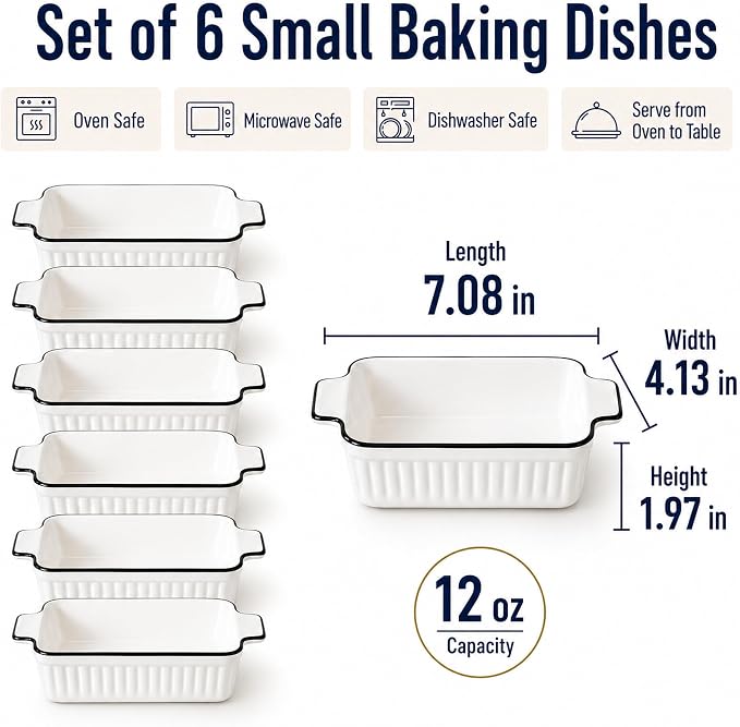 6 Pcs Ceramic Baking Dish, 12 Oz Small Casserole Dish with Handle, Porcelain Bakeware Sets, 5 inch Rectangular Lasagna Pans, Baking Serving Dishes for Casserole, Cakes, Dishwasher Oven Safe