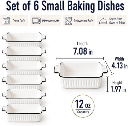 6 Pcs Ceramic Baking Dish, 12 Oz Small Casserole Dish with Handle, Porcelain Bakeware Sets, 5 inch Rectangular Lasagna Pans, Baking Serving Dishes for Casserole, Cakes, Dishwasher Oven Safe