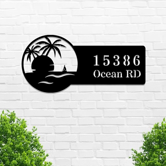 Beach House Metal Sign Custom,Palm Tree Personalized Name Signs Wall Art,Customized Coastal Home Numbers Decor,Address Plaque with Street Names Door Hanger for Swimming Pool Yard Outside Decoration