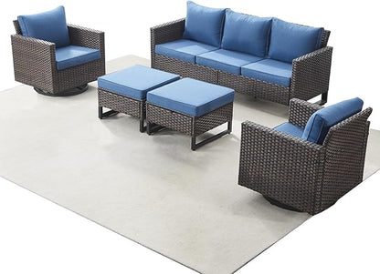 Rilyson Wicker Outdoor Patio Furniture Set - 5 Piece Patio Conversation Set with 2 Swivel Rocker Chairs,2 Rattan Ottoman and 1 Couch for Outside Porch Deck Backyard Garden(Brown/Blue)