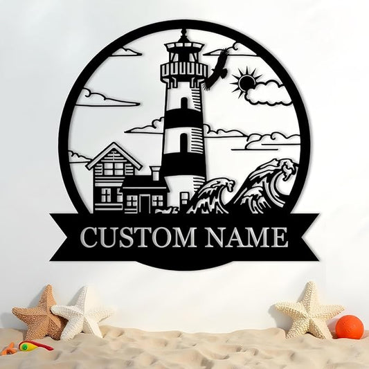 Personalized Metal Sign, Nautical Outdoor Decor, Lighthouse Beach Sign, Cabin Wall Art, Sailing Gift, Home Decor