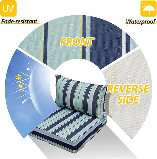 AAAAAcessories Outdoor Seat Cushions for Chairs, Fade-Resistant, Waterproof Patio Furniture Replacement Cushions, 24" x 24" x 5" + 24" x 13.5", Ash Teal Seaside Stripe