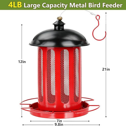 Bird Feeder, Large Capacity Bird Feeders for Outdoor Hanging, Heavy Duty Metal Wild Birdfeeder for Outside Garden Yard Decor, Retro Lantern Shape (Red)