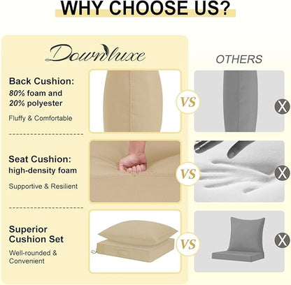 downluxe Outdoor Chair Cushions 24x24 with Removable Cover, Waterproof Patio Furniture Cushions, Deep Seat Cushions for Outdoor Furniture with Backrest for Sofa, Couch and Patio Chairs, Khaki
