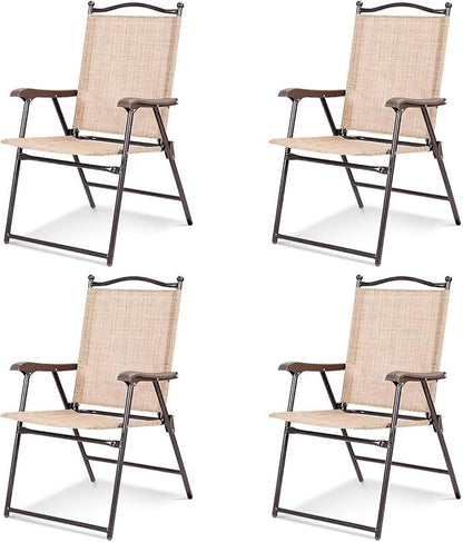 Tangkula Set of 4 Patio Folding Dining Chairs, Outdoor Sling Lawn Chairs with Armrests, Steel Frame, Portable Camping Lounge Chairs for Backyard, Deck, Poolside and Garden, No Assembly (2, Beige)