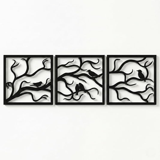 DEKADRON Metal Wall Art, Birds on Branch 3 Pieces, Metal Tree Wall Art, Tree Sign, Metal Wall Decor, Interior and Outdoor Decoration, 3 Panels Wall Hangings (60" W x 20" H / 154x50cm)
