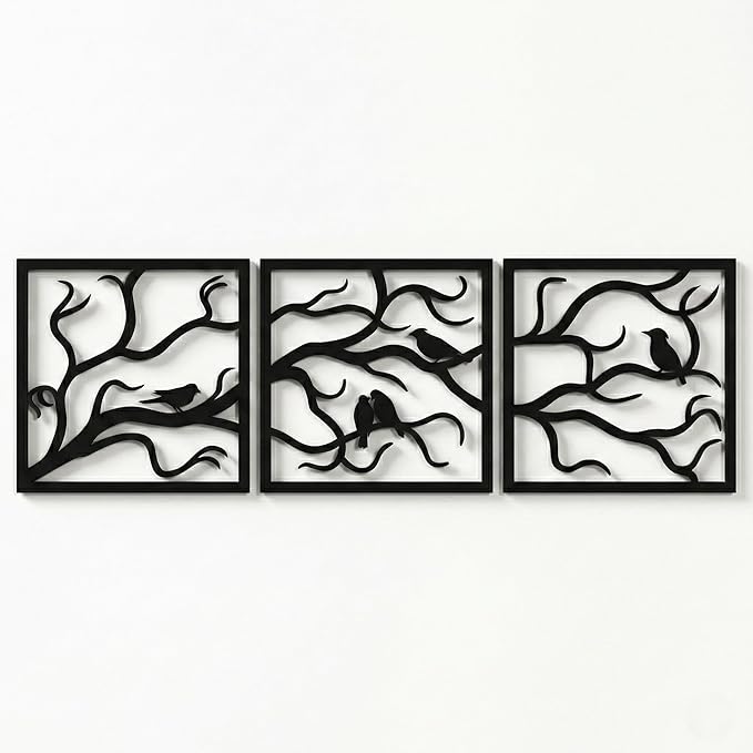 Metal Wall Art, Birds on Branch 3 Pieces, Tree Wall Art, Tree Sign, Wall Decor, Interior and Outdoor Decoration, 3 Panels Wall Hangings (40"W x 13"H / 102x33cm)