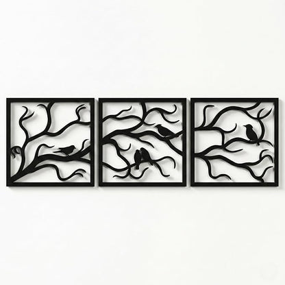 Metal Wall Art, Birds on Branch 3 Pieces, Tree Wall Art, Tree Sign, Wall Decor, Interior and Outdoor Decoration, 3 Panels Wall Hangings (40"W x 13"H / 102x33cm)