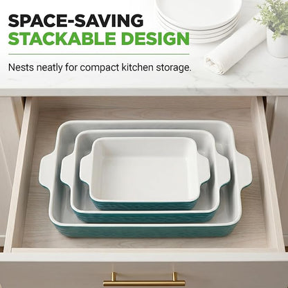 NutriChef 3-pc Casserole Dish Set for Oven, Ceramic Lasagna Baking Dishes, Deep Serving Dish with Handles - Aqua, (14.7"/ 10.8"/ 7.9")