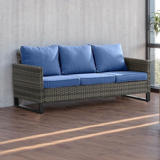 Rilyson Wicker Outdoor Couch Patio Sofa - 3 Seater Rattan Outdoor Patio Couch with Waterproof Wicker,Comfortable Cushions and Sturdy Metal Frame for Outside Porch Deck Backyard(Mixed Grey/Blue)