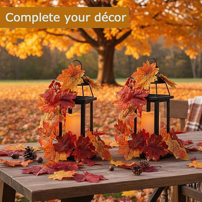 2 Set Fall Lantern Decorations 14in Thanksgiving Metal Lantern Holder with Led Candle Vintage Candle Holder with Maple Vine Decor for Outdoor Indoor Patio Front Porch Table