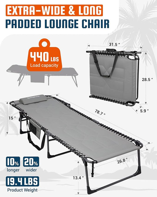 KingCamp Oversized Tanning Chair, Extra-Wide Padded Folding Chase Lounge Chairs Portable Adjustable 5-Position 440lbs Heavy Duty Lounger with Double-Layer Oxford for Outdoor Beach Patio Sun Pool Grey