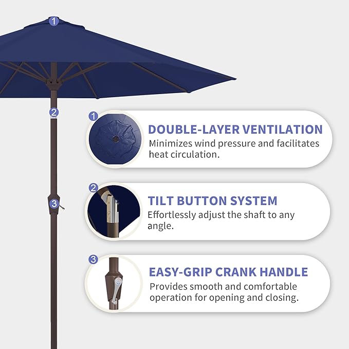 Kingdura 9FT Outdoor Patio Umbrella, Market Table Umbrella with Push Button Tilt and Crank, 8 Sturdy Fiberglass Ribs, UV Protection for Pool, Lawn, Deck, Backyard, Garden (Navy blue)