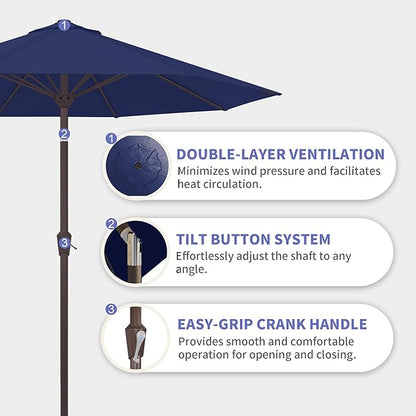 Kingdura 9FT Outdoor Patio Umbrella, Market Table Umbrella with Push Button Tilt and Crank, 8 Sturdy Fiberglass Ribs, UV Protection for Pool, Lawn, Deck, Backyard, Garden (Navy blue)