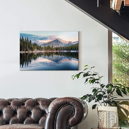 Lake Landscape Canvas Wall Art: Nature Mountain Sunset Artwork Woodland Water Scenery Painting for Bedroom