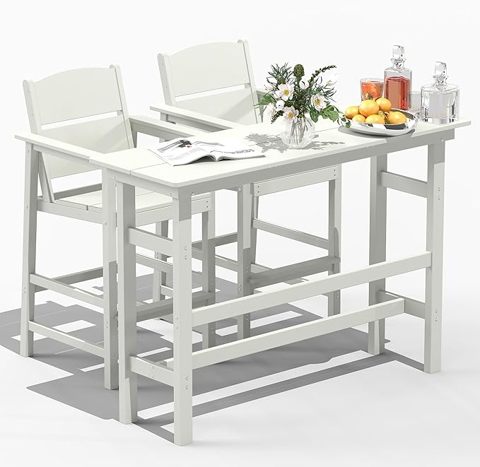 FOOWIN 3 Piece Outdoor Bar Height Table and Chairs, All Weather HDPE Patio Bar Set Outdoor Bistro Set,Adirondack Bar Chairs Set of 2 Outdoor Furniture for Bistro, Poolside, Backyard White