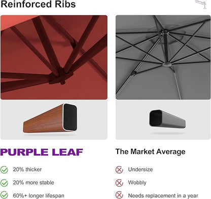 PURPLE LEAF 9ft Patio Umbrella Outdoor Square Umbrellas Large Cantilever Umbrella Windproof Offset Umbrellas Heavy Duty Sun Umbrella for Garden Deck Pool Patio, Brick Red