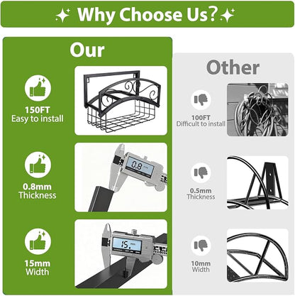 BOLITE Garden Hose Holder Wall Mount, Heavy Duty Metal Water Hose Holder with Basket for Outside, Hose Storage Holds 150FT Water Pipe for Yard, Lawn, Garden, Farm, Gifts for Women Men