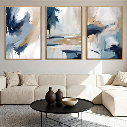 Anyzal Extra Large Blue Abstract Wall Art Framed 24x36 Inch Neutral Modern Canvas Wall Decor Minimalist Pastel Artwork for Living Room Bedroom Dining room Set of 3