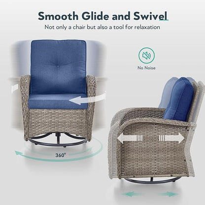 Outdoor Swivel Glider Rocker Chairs Set of 4 - Wicker Patio Furniture Set All Weather Patio Conversatio Sets with 2 Tempered Glass Side Table for Deck Backyard - Grey Wicker Blue Cushion