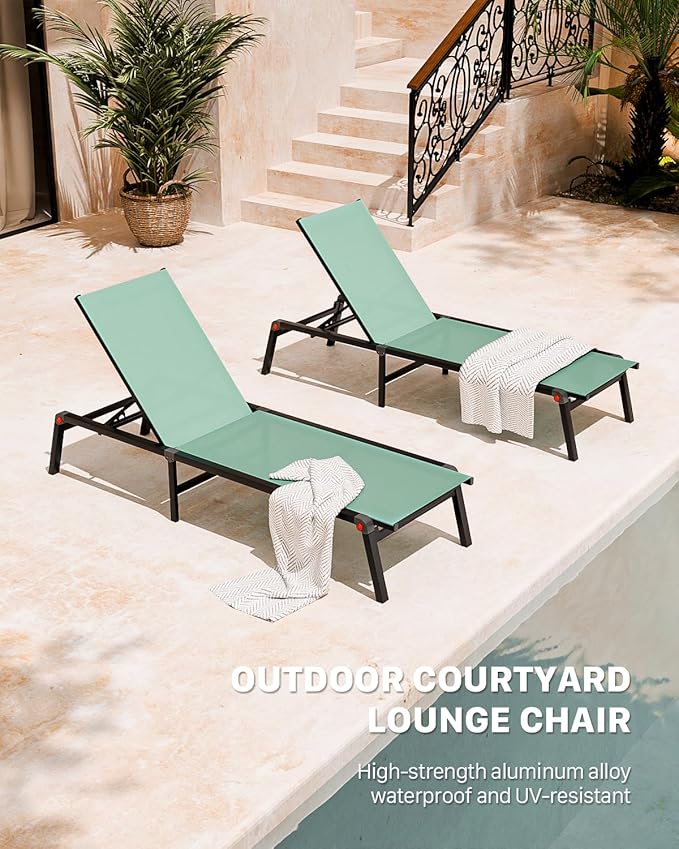 Patio Lounge Chair, Aluminum Foldable 5-Position,1 Pack,Green | Lightweight rustproof aluminum. Breathable quick-dry fabric. Full flat recline for sunbathing. Poolside, deck, beach, lawn.