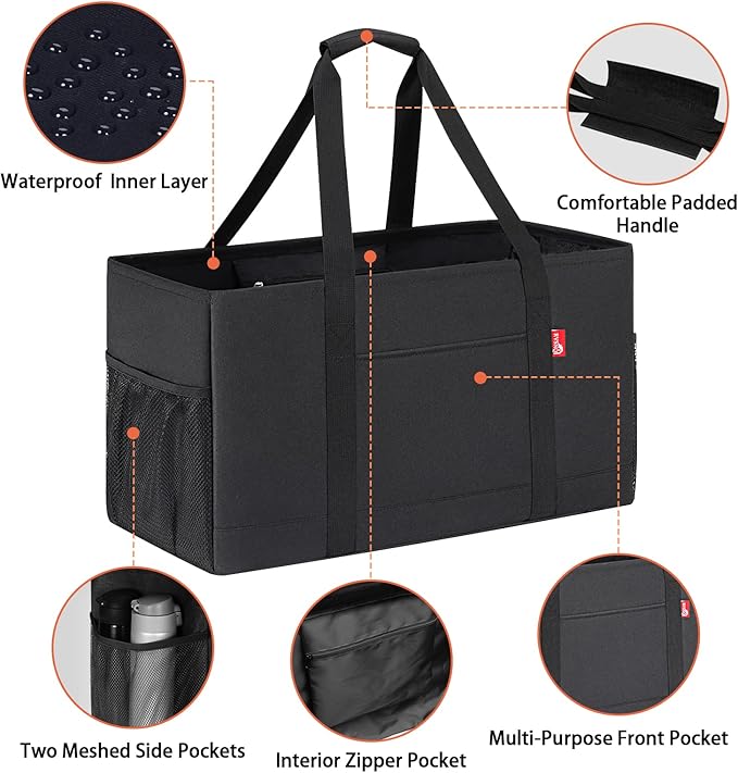 Extra Large Utility Tote Bag, Foldable Reusable Grocery Bags with Metal Wire Frame & Reinforced Bottom Board, Stand Up Large Utility Tote for Shopping, Beach Bag, Laundry, Car (Black)
