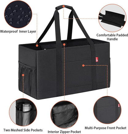 Extra Large Utility Tote Bag, Foldable Reusable Grocery Bags with Metal Wire Frame & Reinforced Bottom Board, Stand Up Large Utility Tote for Shopping, Beach Bag, Laundry, Car (Black)