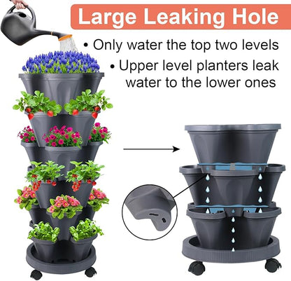 GameXcel Vertical Planter Tower- 6 Tier Stackable Garden Planter with Wheels and Tool Set – Grow Strawberries Herbs Flowers and Vegetables - Indoor Outdoor Use Dark Gray