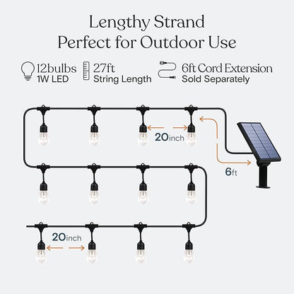 Brightech Ambience Pro 27 Ft Solar Powered Outdoor String Lights - Commercial Grade Waterproof Patio Lights with Edison Bulbs, Shatterproof LED String Lights for Patio - 1W, Warm White, 12 Bulbs