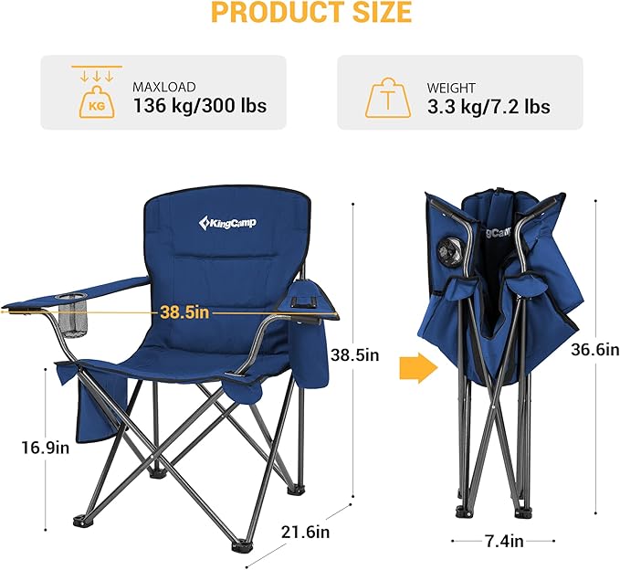 KingCamp Oversized Heavy Duty Camping Chairs 2 Pack, Padded Compact Folding Portable Chair with Cooler Cup Holder Side Pocket for Outdoor Sports Lawn Backyard Backpack Supports 300 lbs, Blue