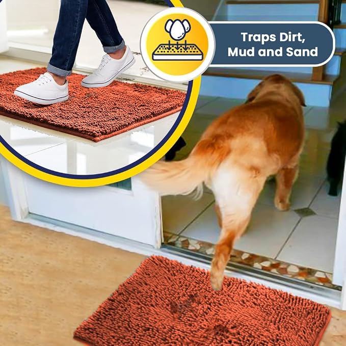Muddy Mat® | Super Water Absorbent Door Mat Indoor, Microfiber Quick Dry Chenille Entryway Rug, Slip Resistant Front Door Mat, Indoor Mats for Entryway, Machine Washable Pet Rug, Orange 30"x19"