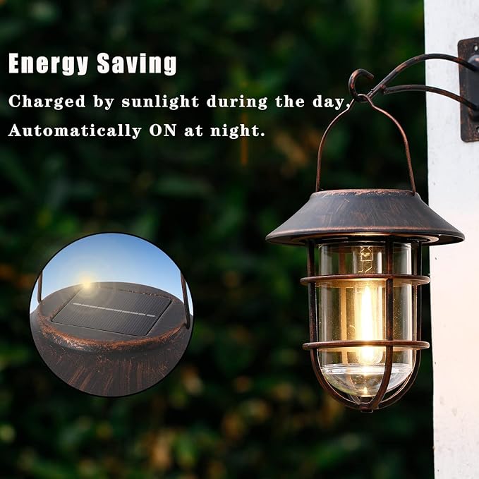 Solar Lantern Outdoor Hanging Solar Lights, Waterproof Metal Outdoor Lights with Clear Glass, LED Decorative Aluminum Wall Lantern with Hooks, Bronze