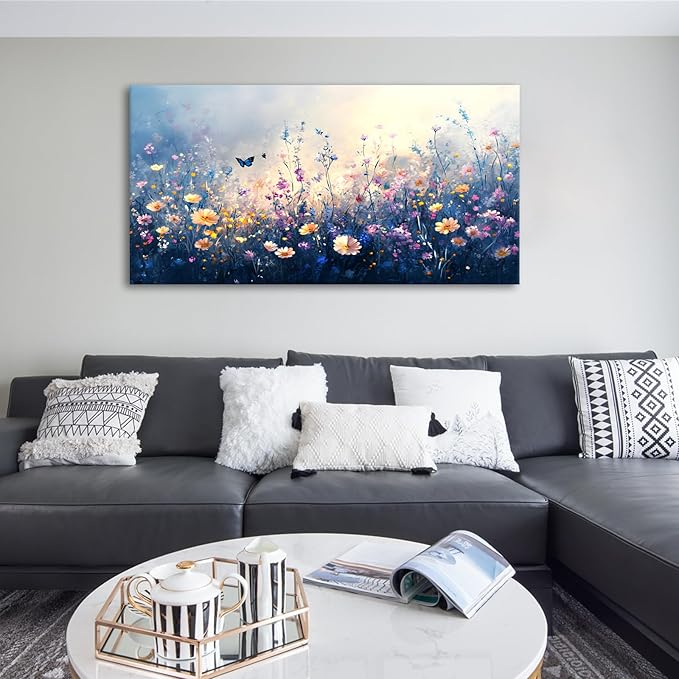 JLXART Canvas Wall Art Colorful Wildflower With Butterflies Wall Decor Purple and Yellow Poppy Floral Artwork Flowers Prints Paintings for Living Room Home Decorations,20x40inch
