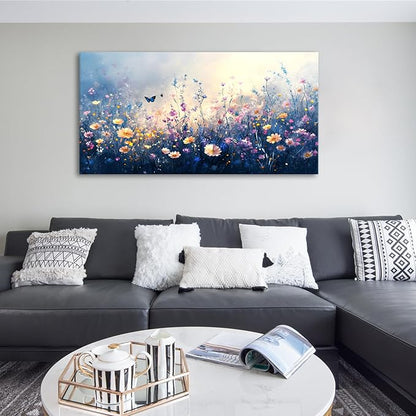 JLXART Canvas Wall Art Colorful Wildflower With Butterflies Wall Decor Purple and Yellow Poppy Floral Artwork Flowers Prints Paintings for Living Room Home Decorations,20x40inch