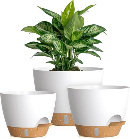 Self Watering Pots with Drainage Holes, 3 Pack 12/10/8 Inch Plant Pots with Water Level Indicator Deep Reservoir, Large Plastic Planter for Indoor Outdoor Plants - White Brown