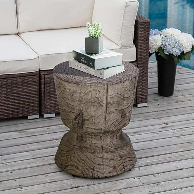 Afterglow Terrafab Material Round Side Table, Natural Wood Look Decorative Garden Stools for Living Room Bedroom Patio Home Decor,Wood Grain Grey