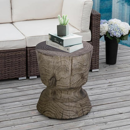 Afterglow Terrafab Material Round Side Table, Natural Wood Look Decorative Garden Stools for Living Room Bedroom Patio Home Decor,Wood Grain Grey