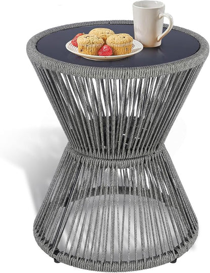 SUNNYPARK Outdoor Side Table 20'' H Small End Tables Woven Rope Weather Resistant with Glass Top Round Coffee Table for Indoor Balcony Patio Poolside (Gray)