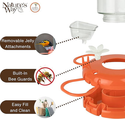 Nature's Way Hanging Glass Oriole Feeder for Outdoor Décor, 30 Ounce Capacity Nectar Feeder, Jelly Dishes, Orange Fruit Holders, 4 Eash to Clean Flexible Ports, Ant Moat, Bee Guards, Orange