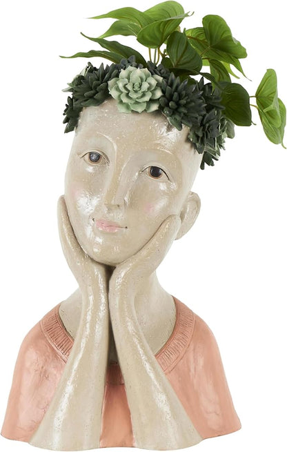 Deco 79 Resin Woman Indoor Outdoor Planter Bust Large Planter Pot with Succulent Crown and Orange Top, Planter 10" x 8" x 17", Beige