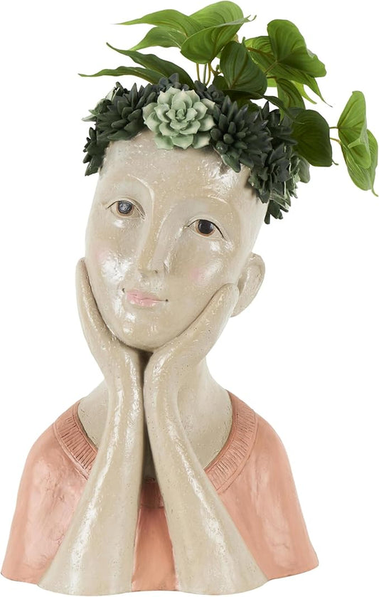 Deco 79 Resin Woman Indoor Outdoor Planter Bust Large Planter Pot with Succulent Crown and Orange Top, Planter 10" x 8" x 17", Beige