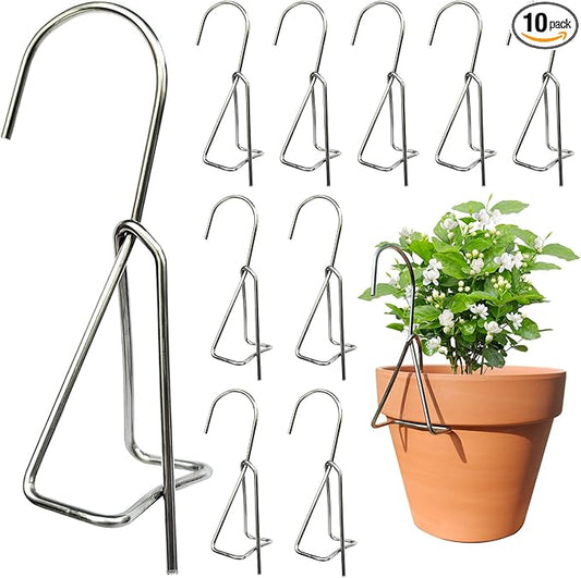 10 Packs Terracotta Pots Hanger Hooks,Sturdy Thick Stainless Steel Plant Hanger,Flower Pot Holders for Clay Pots,Wall and Fence Mounted Plant Hanging Holder for Terra Cotta Pot(Vertical Hang,10Pack)