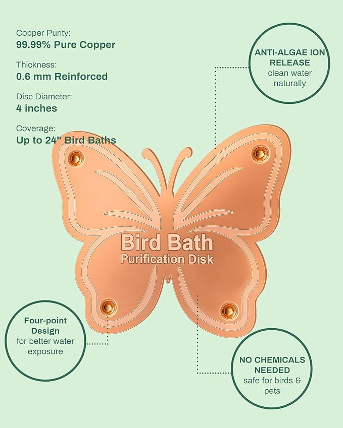 Bird Bath Purification Disk Pure Copper Outside Winter Solar Power Birdbath Hummingbird Water Pedestal Fountain Cleaner Outdoor Feeder Cage Dispenser Heater Ground House Garden Lover Gift
