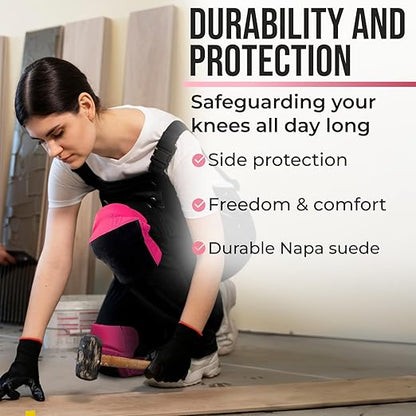 PRO Flooring Style Knee Pads for Women with 3 Levels of Protection, Pink, 1 Pair - Flat Napa Suede Leather & Multi Adjustable Fasteners - All Day Comfort, Made in USA