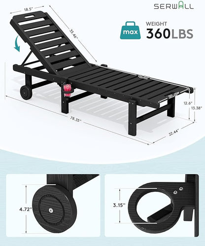 SERWALL Patio Chaise Lounge, HDPE Outdoor Lounge Chair with Cup Holder, 5 Positions Adjustable Poly Lounge Chair with Rolling Wheels for Poolside, Deck, Sunbathing, Black