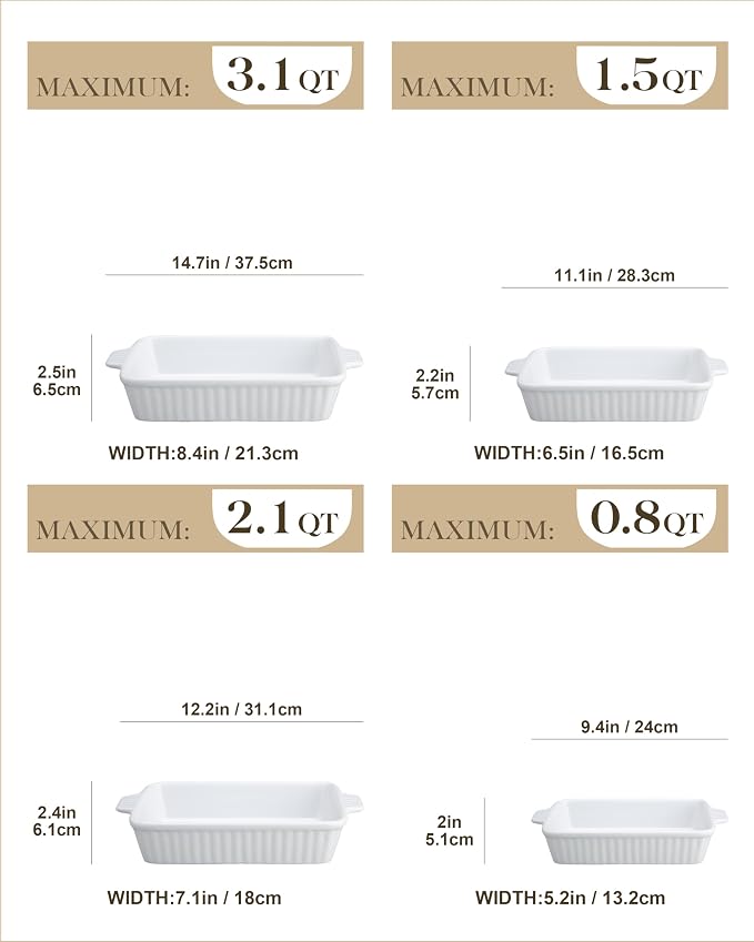 MALACASA Casserole Dishes for Oven, Porcelain Baking Dishes, Ceramic Bakeware Sets of 4, Rectangular Lasagna Pans with Handles for Baking Cake Kitchen, White (9.4"/11.1"/12.2"/14.7")