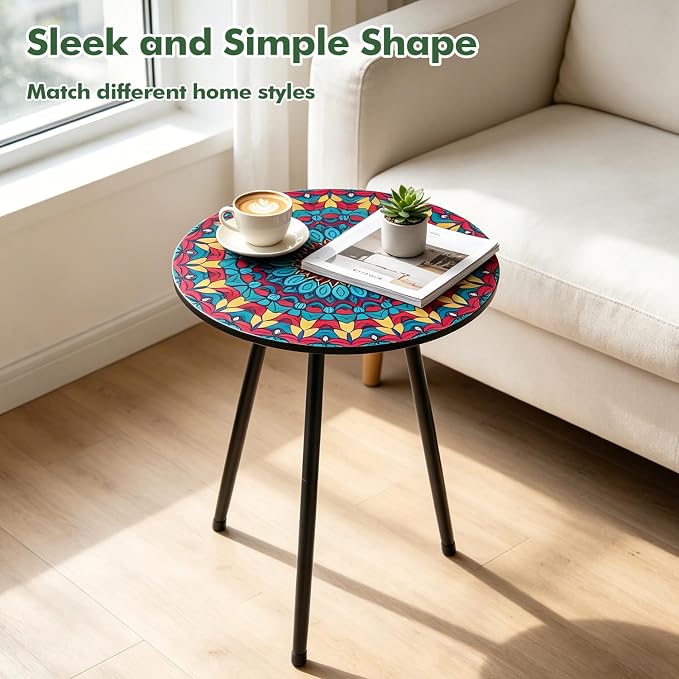 2 Pack Metal Mosaic Round Side Tables 13.4" Small Outdoor Patio Round Accent Coffee Tables Indoor Corner Stand for Small SpacesWeather-Resistant for Balcony, Porch Plant Stands Indoor, Rainbow Mandala