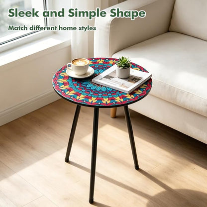 2 Pack Metal Mosaic Round Side Tables 13.4" Small Outdoor Patio Round Accent Coffee Tables Indoor Corner Stand for Small SpacesWeather-Resistant for Balcony, Porch Plant Stands Indoor, Rainbow Mandala