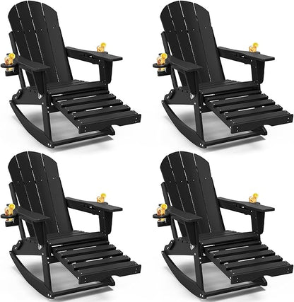 Adirondack Rocking Chairs Set of 4 with Retractable Ottoman, All Weather Folding Adirondack Chair with Two Cup Holders, Adirondack Outdoor Rocking Chairs for Porch, Patio, Balcony. Black