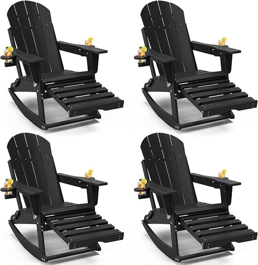 Adirondack Rocking Chairs Set of 4 with Retractable Ottoman, All Weather Folding Adirondack Chair with Two Cup Holders, Adirondack Outdoor Rocking Chairs for Porch, Patio, Balcony. Black